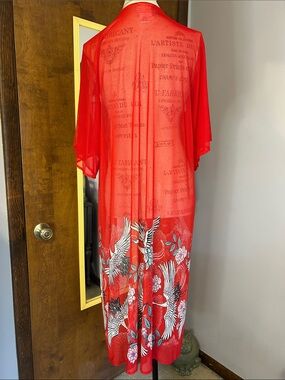 Sheer Red Bird Kimono Coverup